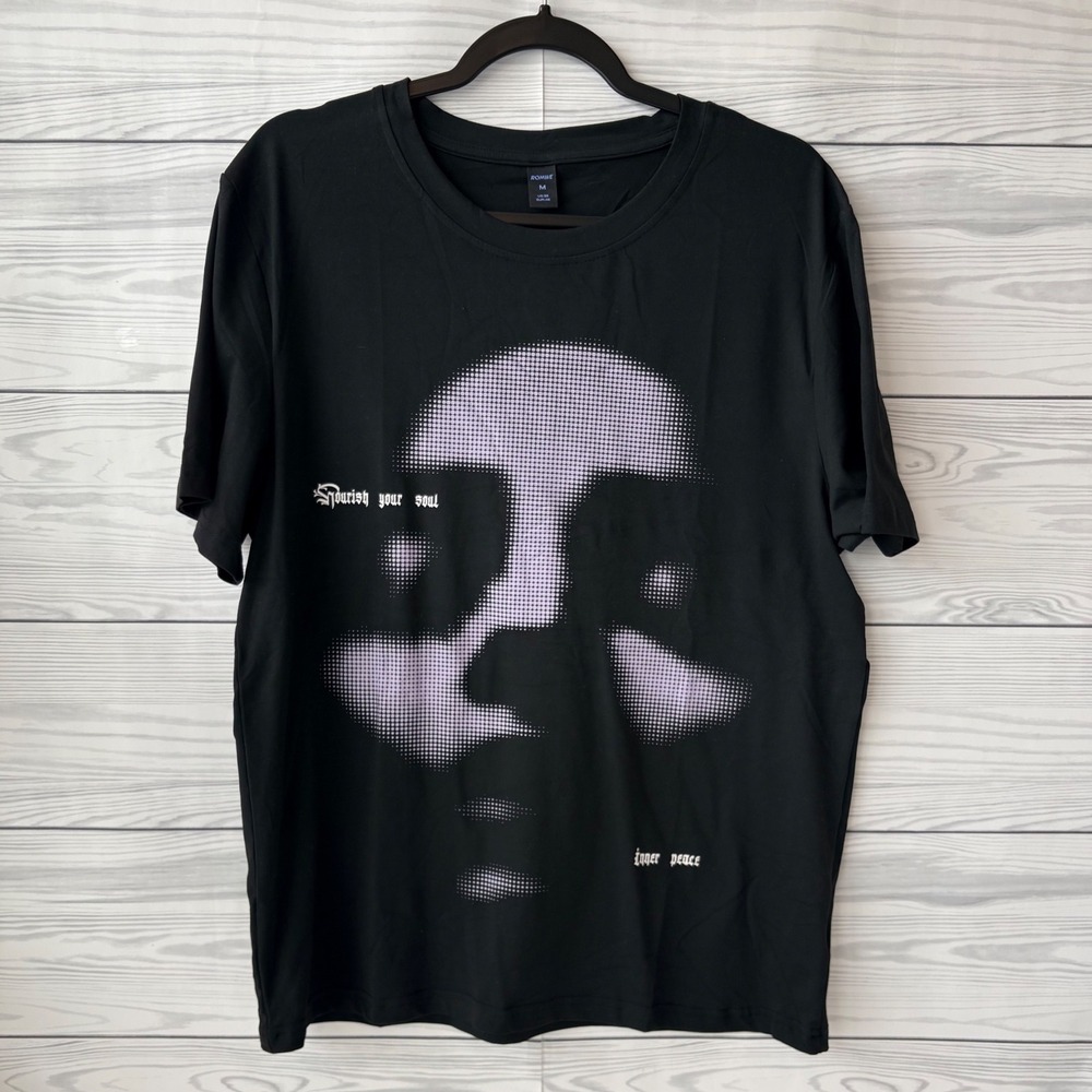 ROMWE Mens Nourish Your Soul Inner Peace Halftone Face Graphic T-Shirt Black M